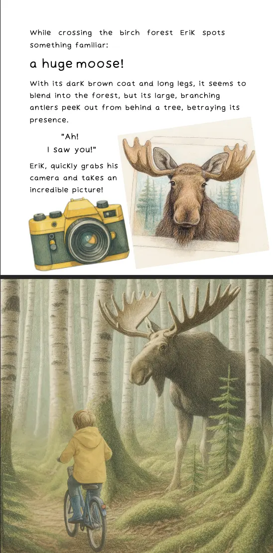 Illustrated pages showing Erik discovering a moose in a birch forest