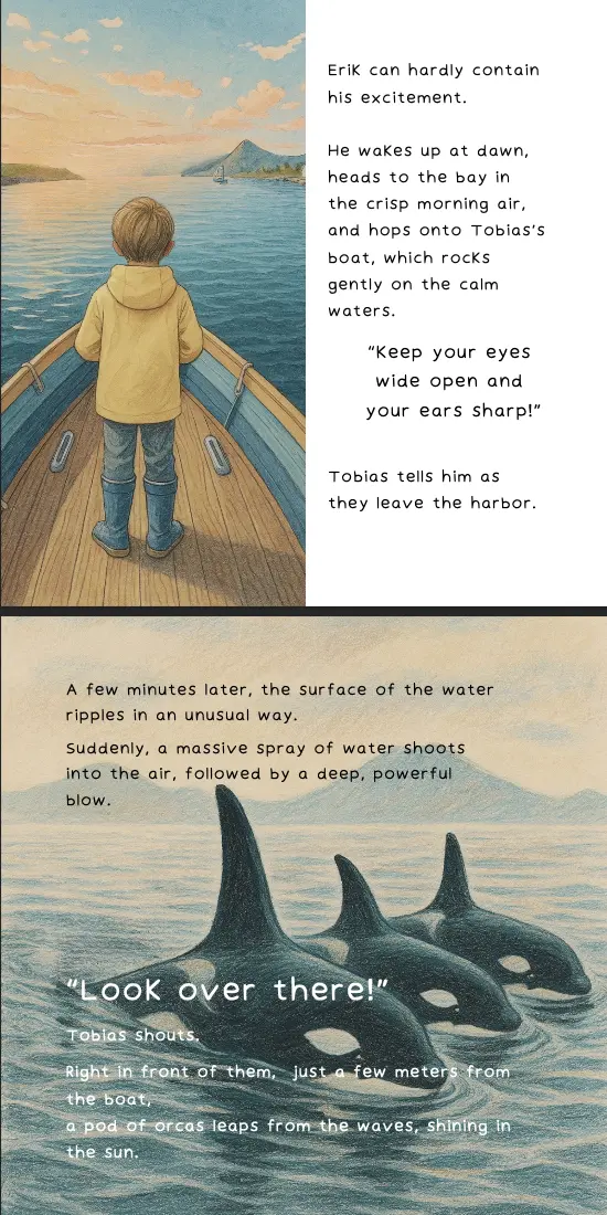 Illustrated pages showing Erik at sea and a pod of orcas