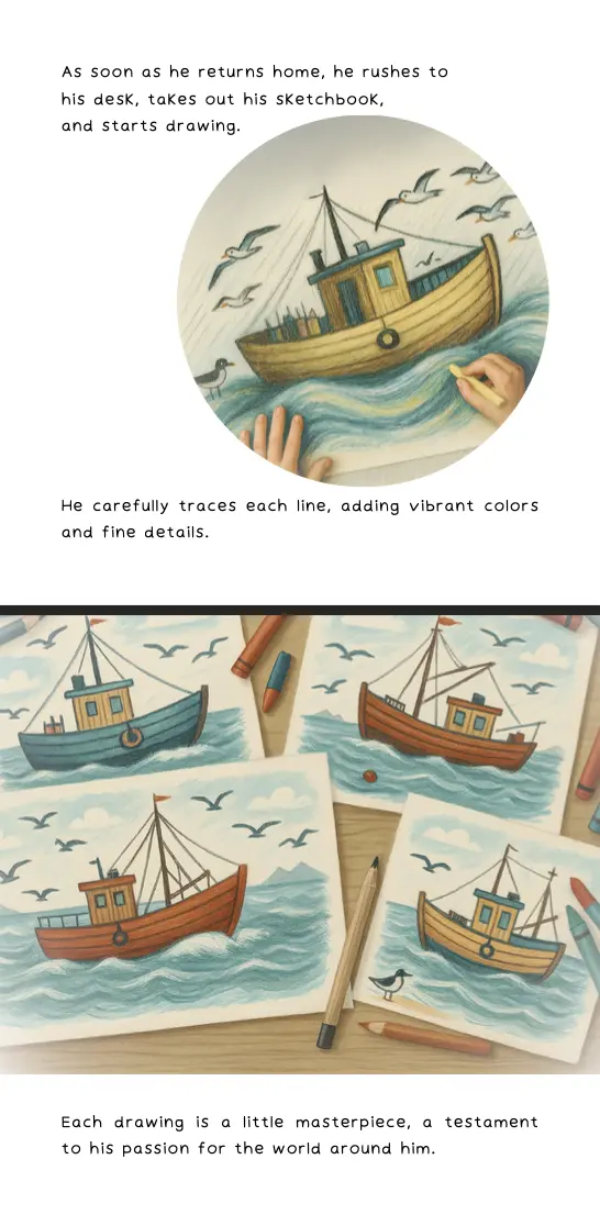 Illustrated pages showing Erik drawing fishing boats
