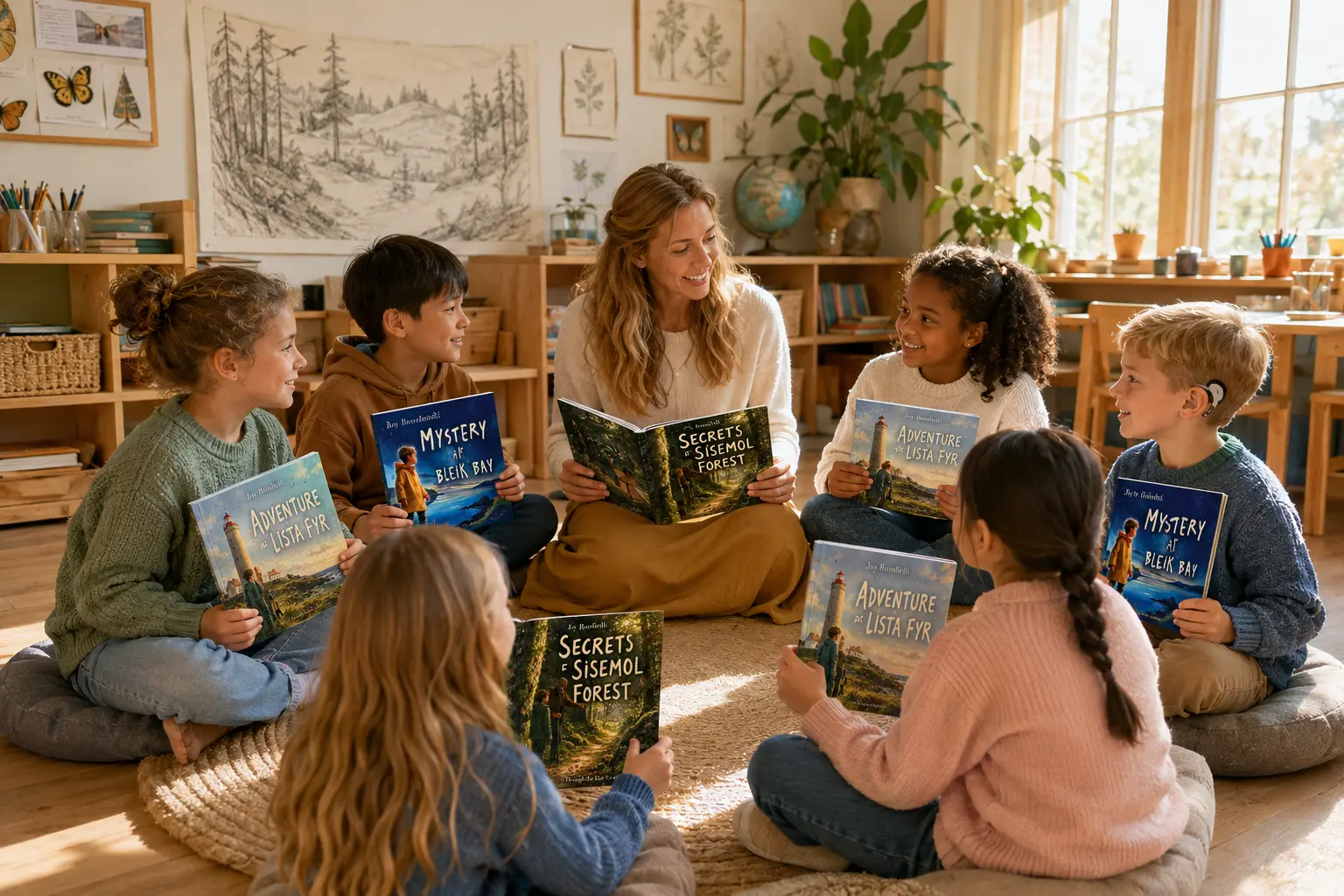 A teacher and a diverse class share Joy Bondielli books in a bright reading circle