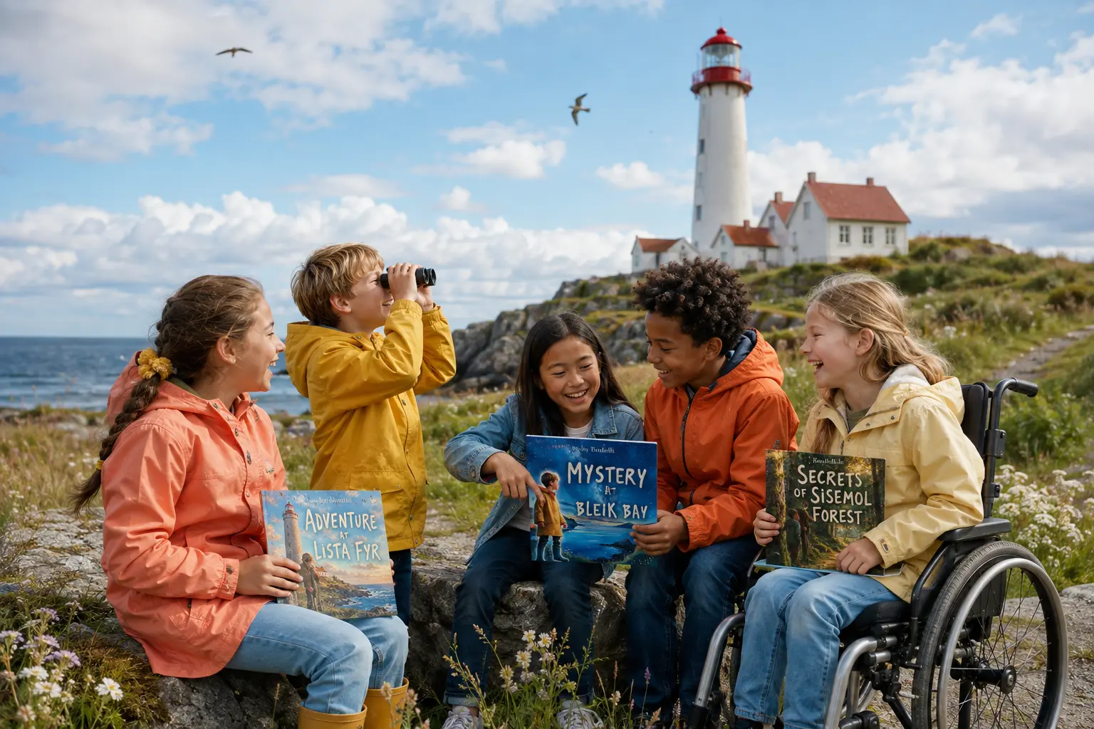 Five children, including a girl using a wheelchair, explore beside a lighthouse with Joy Bondielli books
