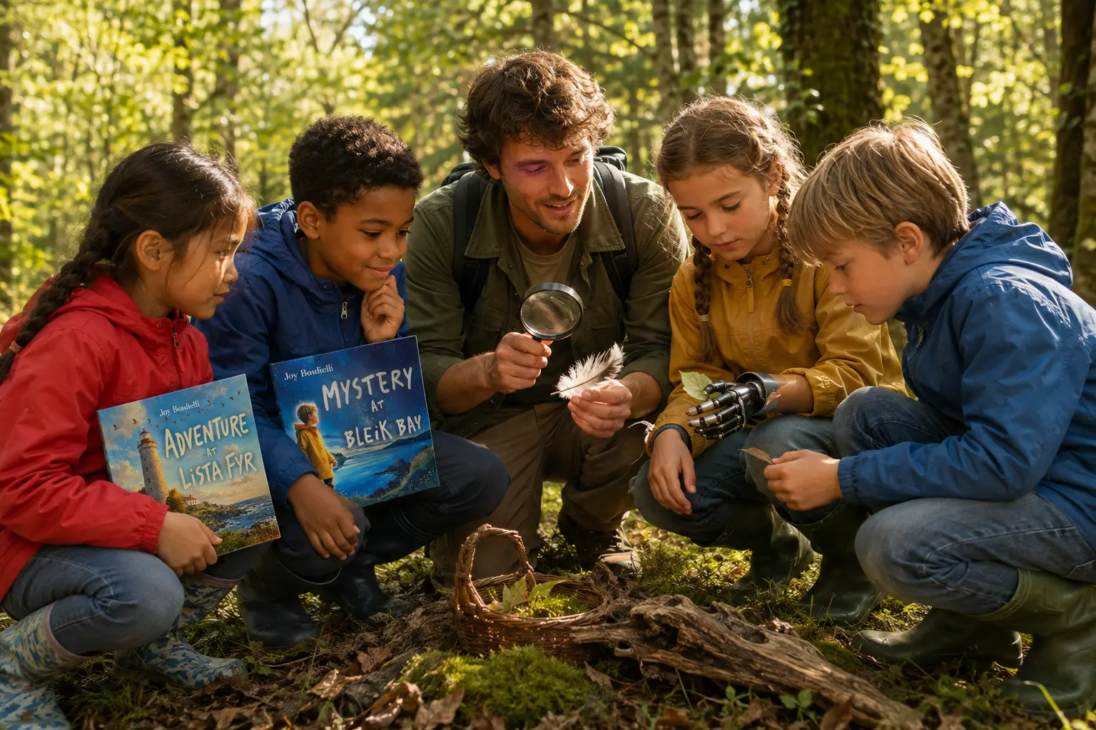Children and an educator discover the forest through touch and observation with Joy's books