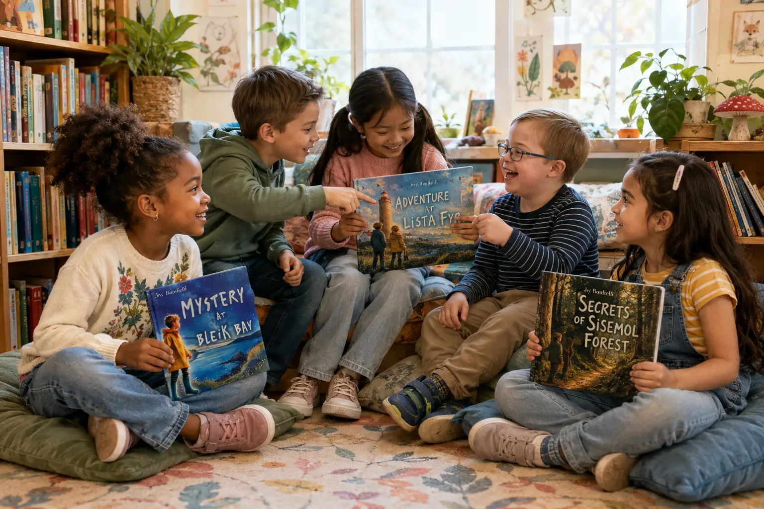 Five friends read Joy Bondielli's sea, lighthouse and forest adventures in a library